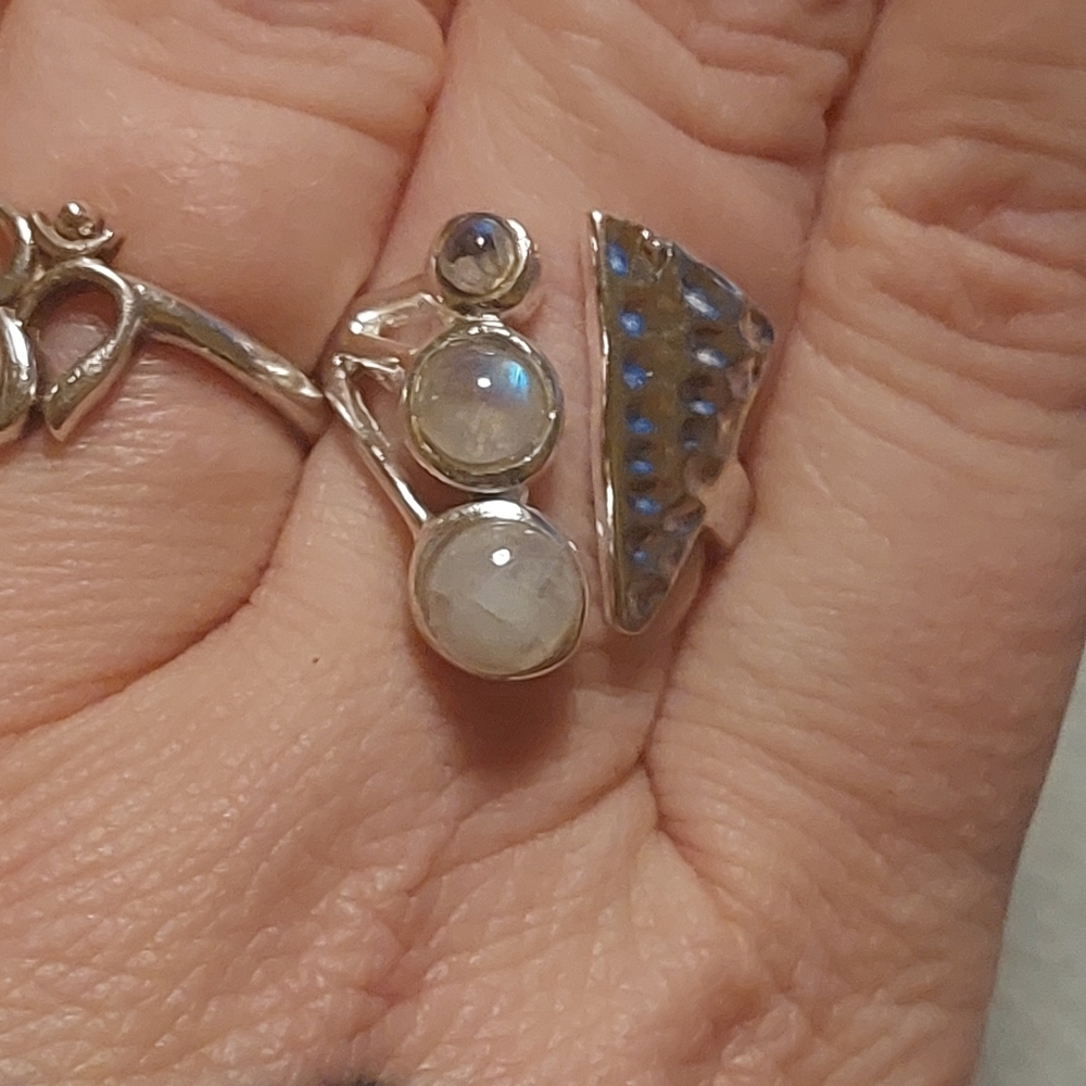 Triple Stone Moonstone Hammered Ring Size 8.5